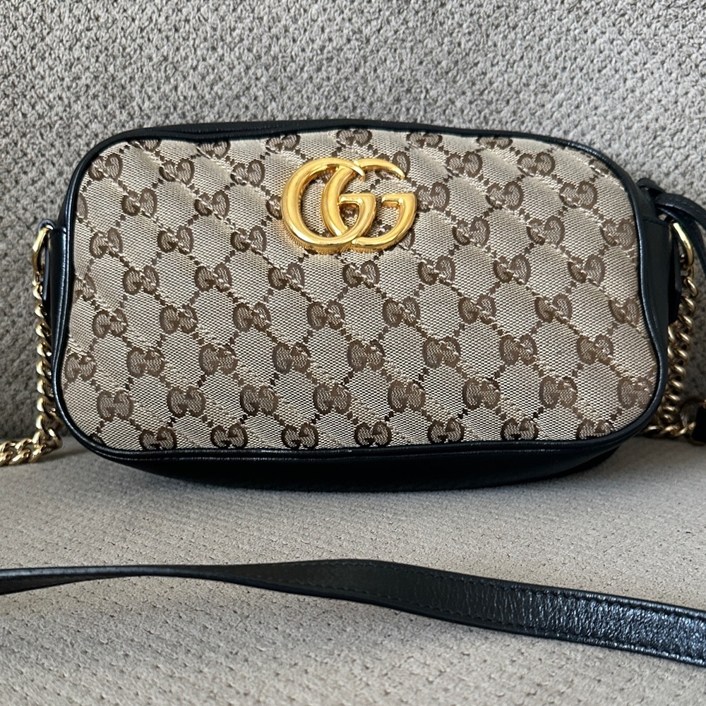 Gucci Beige and Black Crossbody Bag with Gold Accents